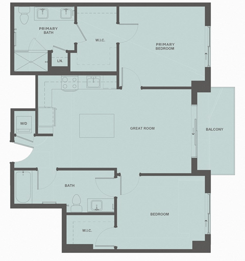 A floor plan of an apartment with a primary bedroom, a great room, and a balcony.